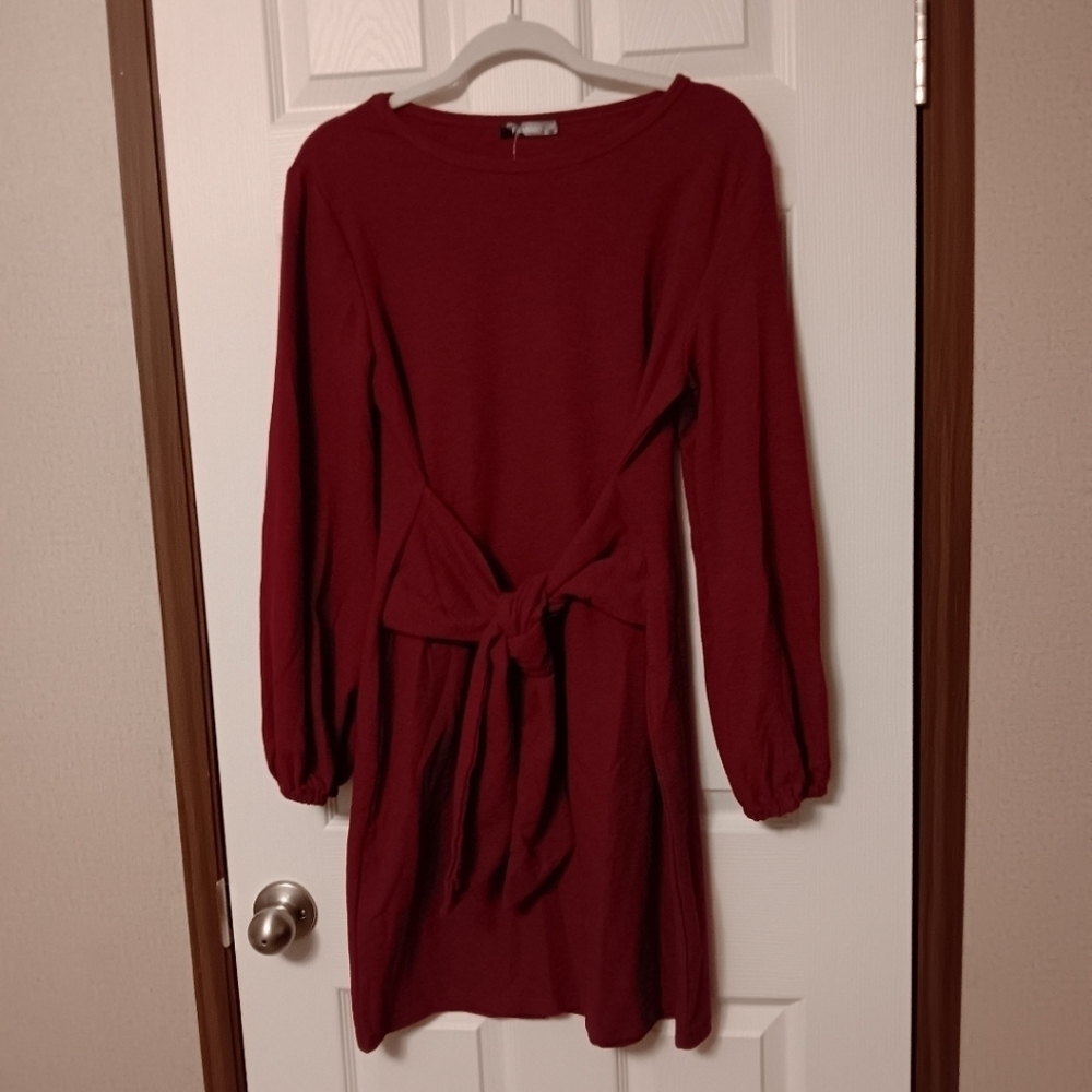 Burgundy Long Sleeve Dress Crewneck Tie Waist Dress - Picture 6 of 8